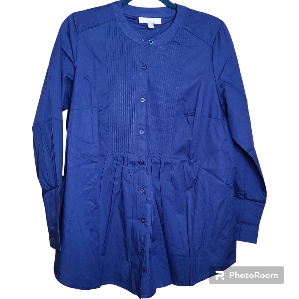 NEW Woman Within Size 14-16 Blue Long Sleeve Pintuck Cotton Tunic Blouse Casual